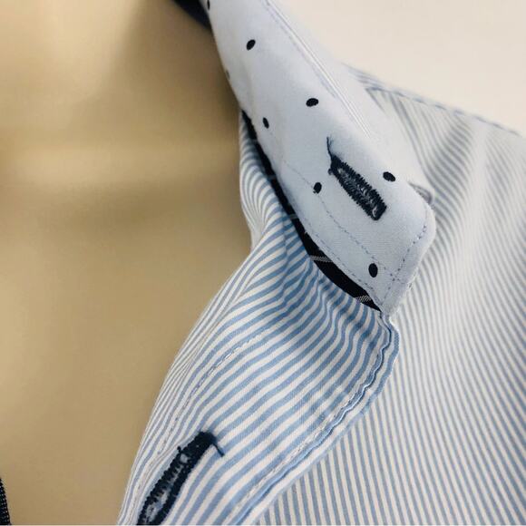 H&M Classic Light Blue Pinstripe Long Sleeve Button Front Shirt Navy Stripe Cuff - Picture 3 of 16